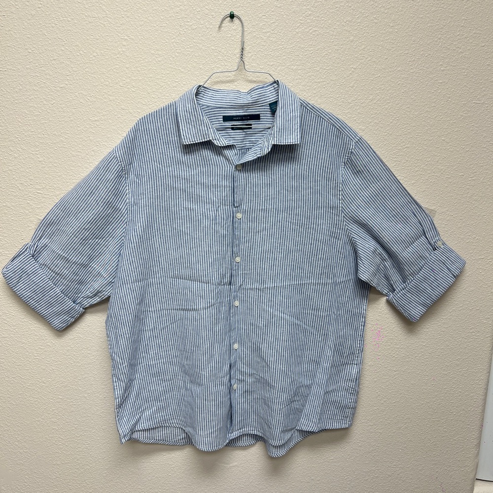 Perry Ellis Men's White and Blue Striped Button Down Shirt